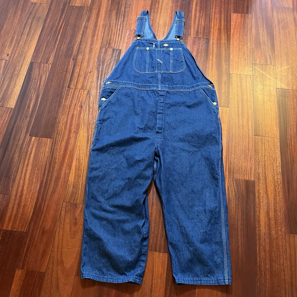 Dickies Bib Overalls Mens 44x32 Blue Dark Wash Carpenter Workwear Denim Loop